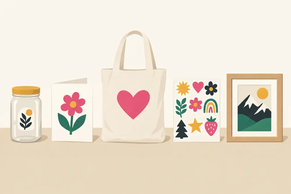 Five finished projects laid out in a row: a label, a card, a tote, stickers and an original design