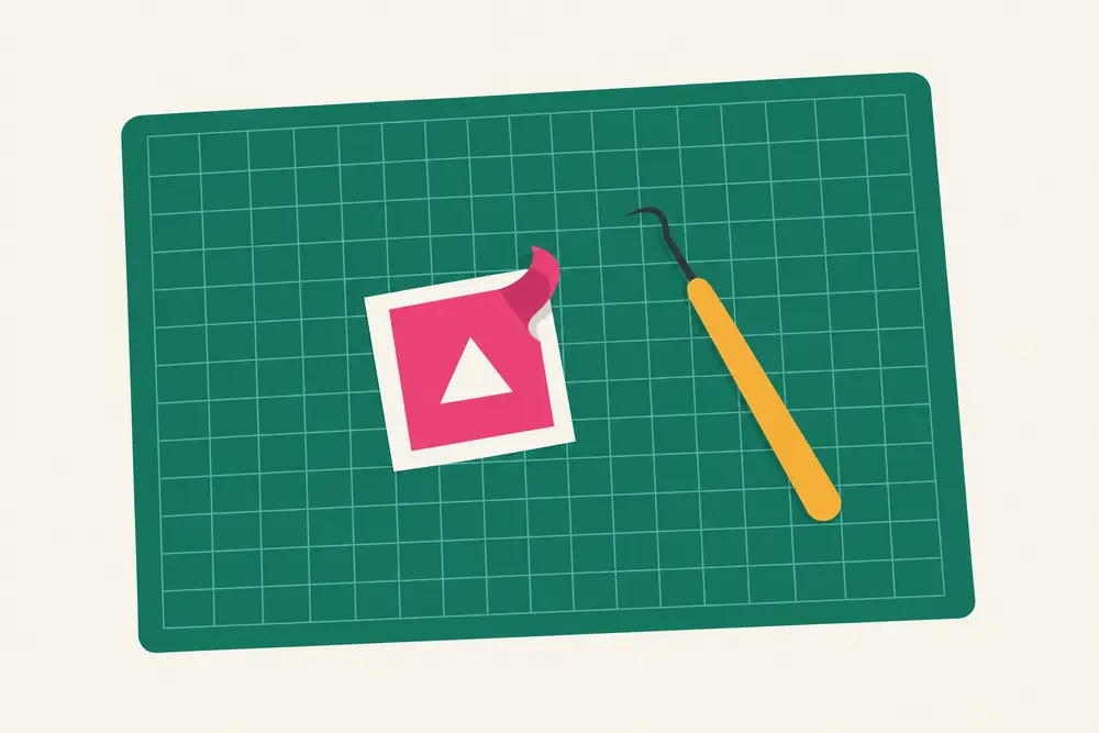 A small test cut on a cutting mat, with a weeding tool beside it