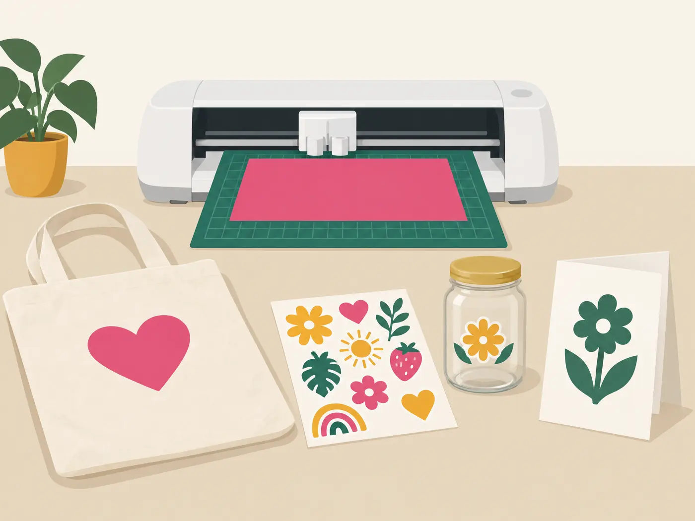 A cutting machine on a craft table beside a vinyl label, a card, a tote bag and a sticker sheet